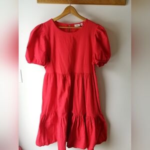 Red Puff Sleeve Cotton Dress